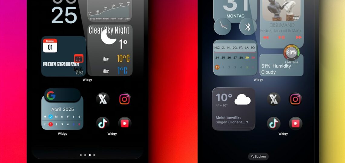 Two stylized iphones with custom home screens.