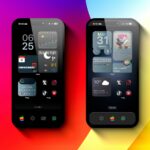 Two stylized iphones with custom home screens.